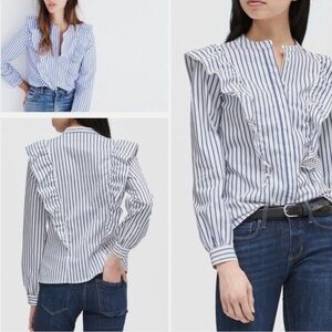 *NWOT* BANANA REPUBLIC Riley-Fit Ruffle V-Bib Buttondown Shirt, Blue Stripe — 10